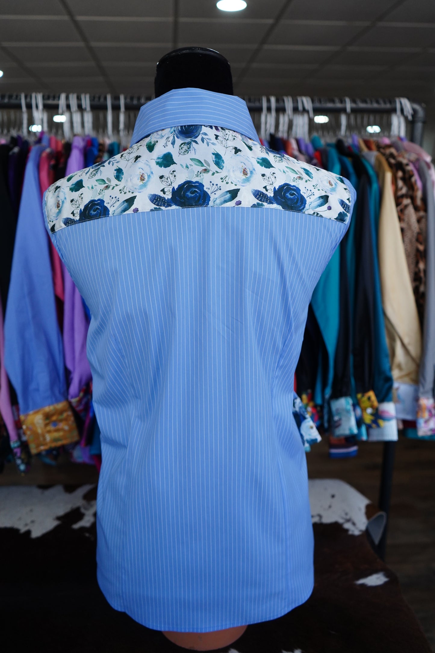 L - Navy Feather Floral on Blue Stripe Cotton Button Down