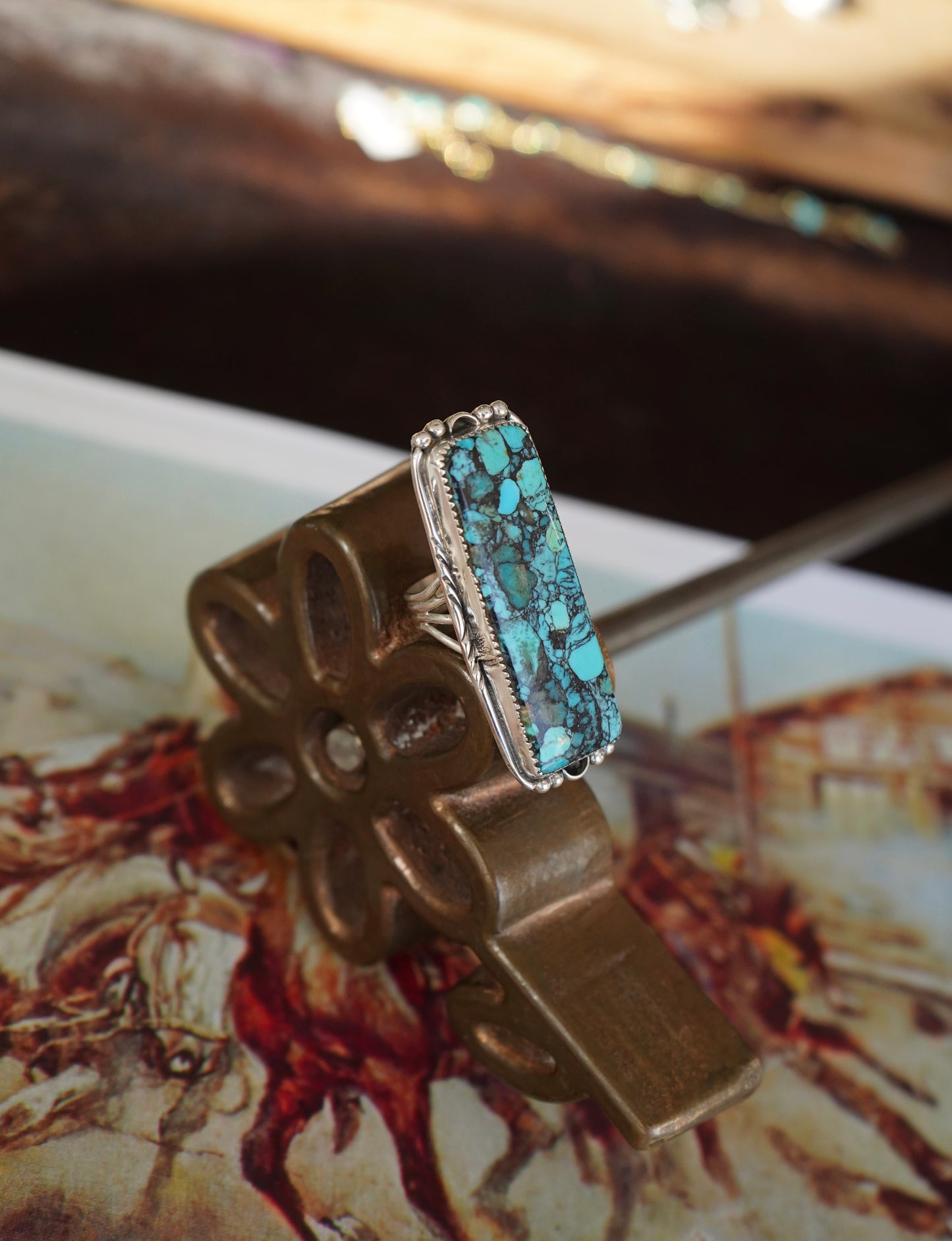 Mohave Blue Turquoise Long Rectangle Bar Ring - Sz 9