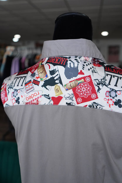 XL - Gambling Collage on Gray Cotton Button Down