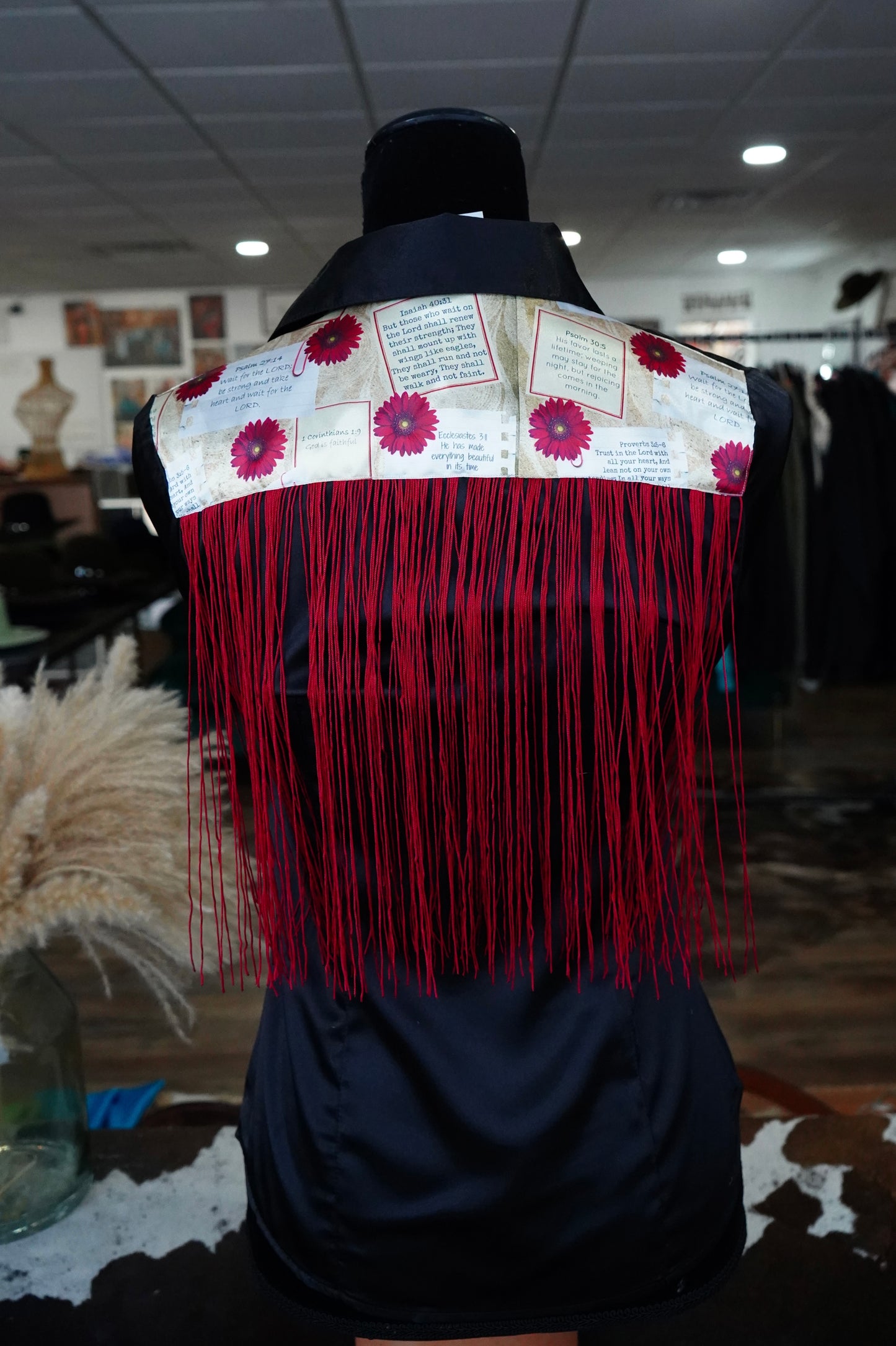 S - Postcard Scripture w/ Red Fringe on Black Satin Button Down