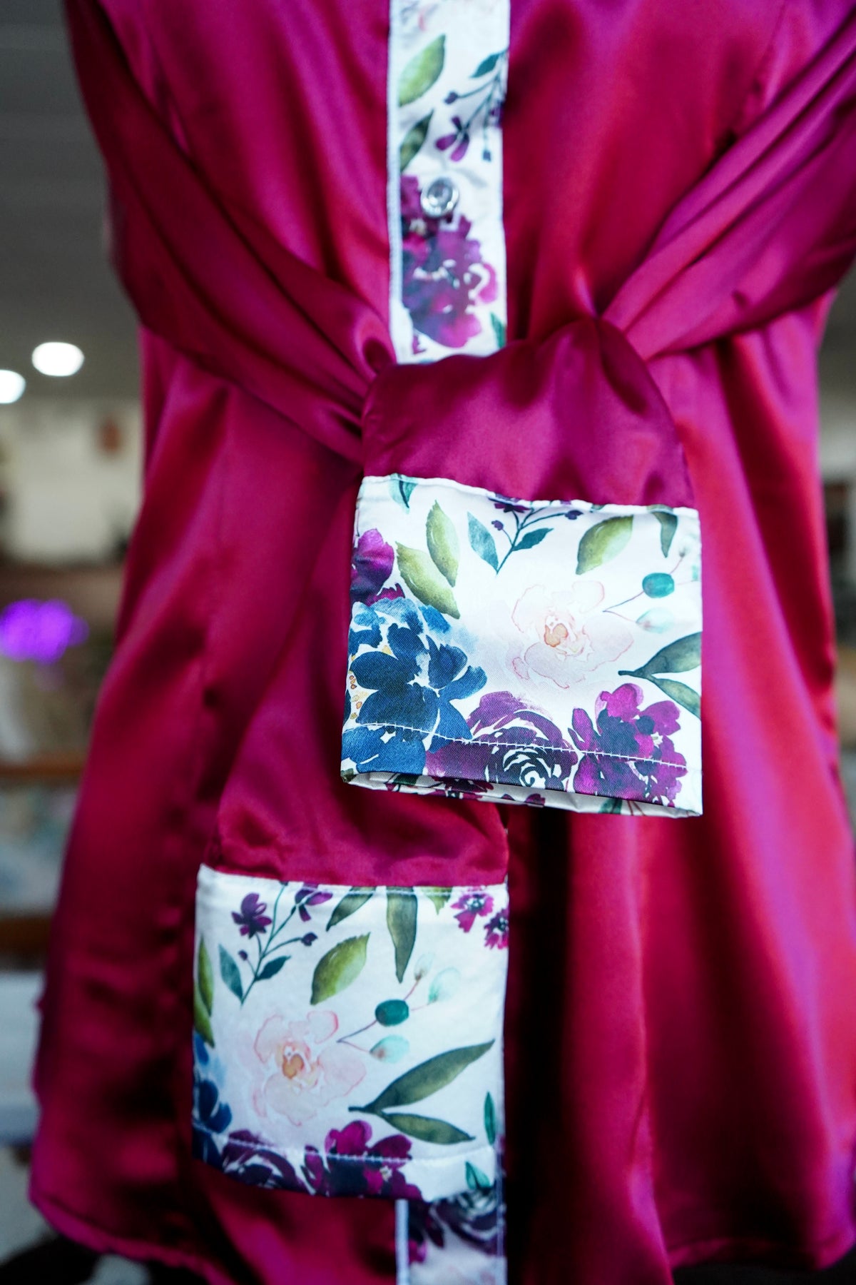 S - Plum Floral on Burgundy Satin Button Down
