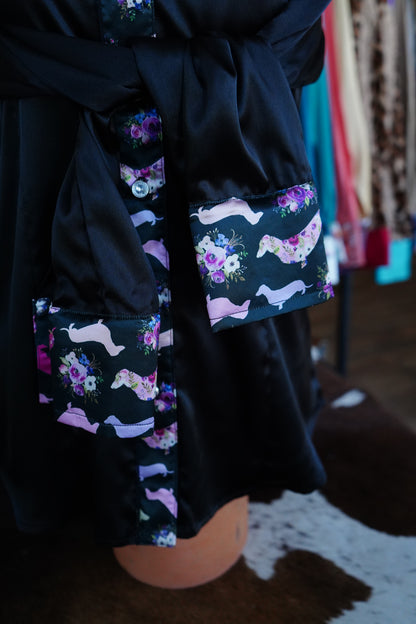 M - Floral Weenie Dogs on Black Satin Button Down