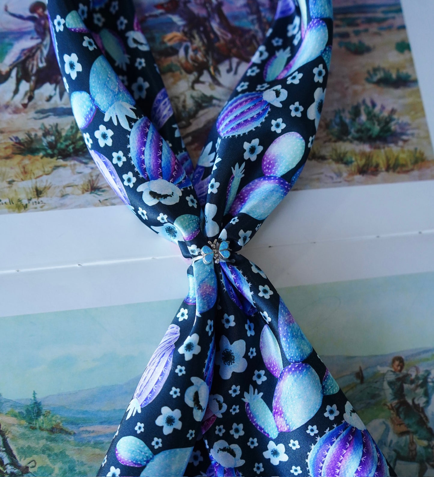 Watercolor Pink, Turquoise & Purple Cacti on Black Wild Rag