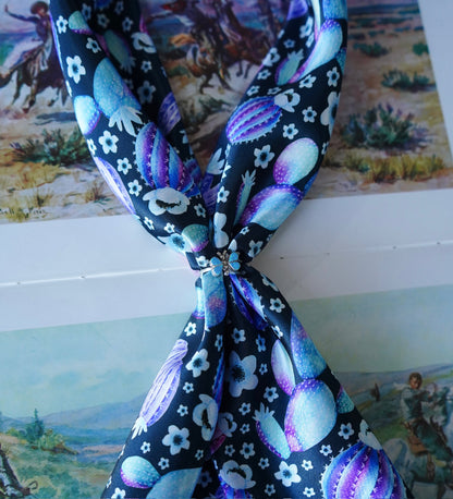 Watercolor Pink, Turquoise & Purple Cacti on Black Wild Rag