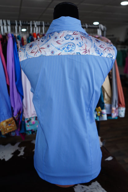 M - Blue & Rust Floral Paisley on Blue Stripe Cotton Button Down
