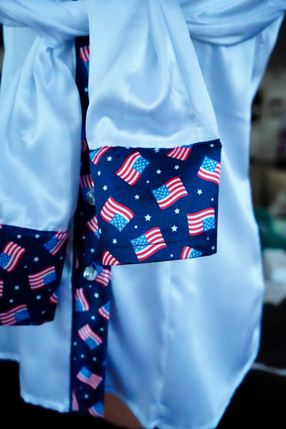 M - Mini Flags on White Satin Button Down