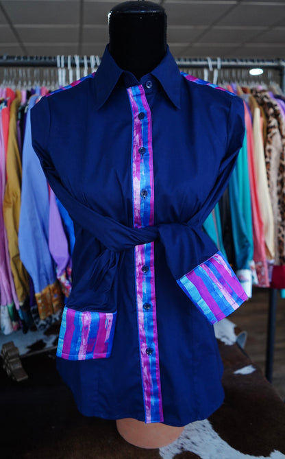 M - Pink & Blue Brushstrokes on Navy Cotton Button Down