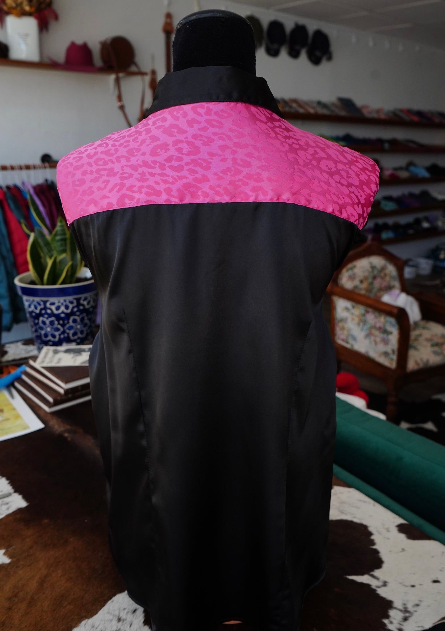 3XL - Pink Cheetah Jacquard on Black Satin Button Down