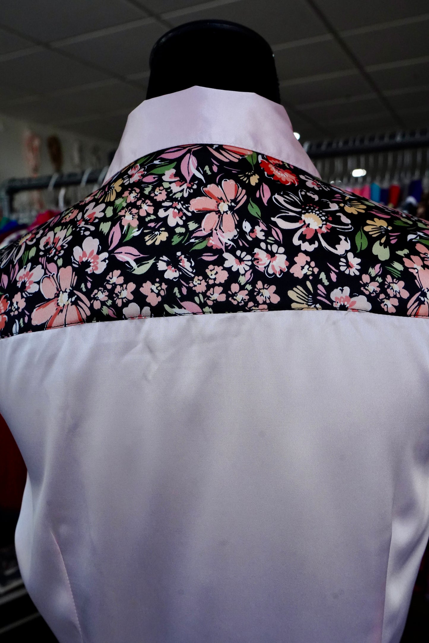 L - Black Spring Floral on Light Pink Satin Button Down