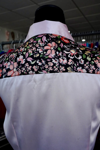 L - Black Spring Floral on Light Pink Satin Button Down