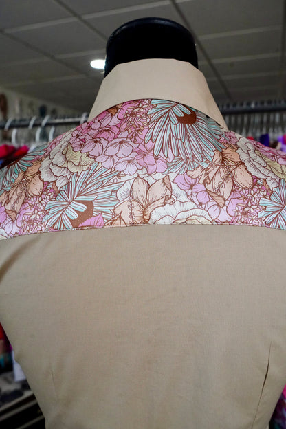 S - Daisy Pastel Floral on Tan Cotton Button Down