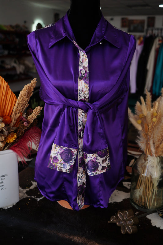 XL - Purple Satin w/ Plum Roses Button Down
