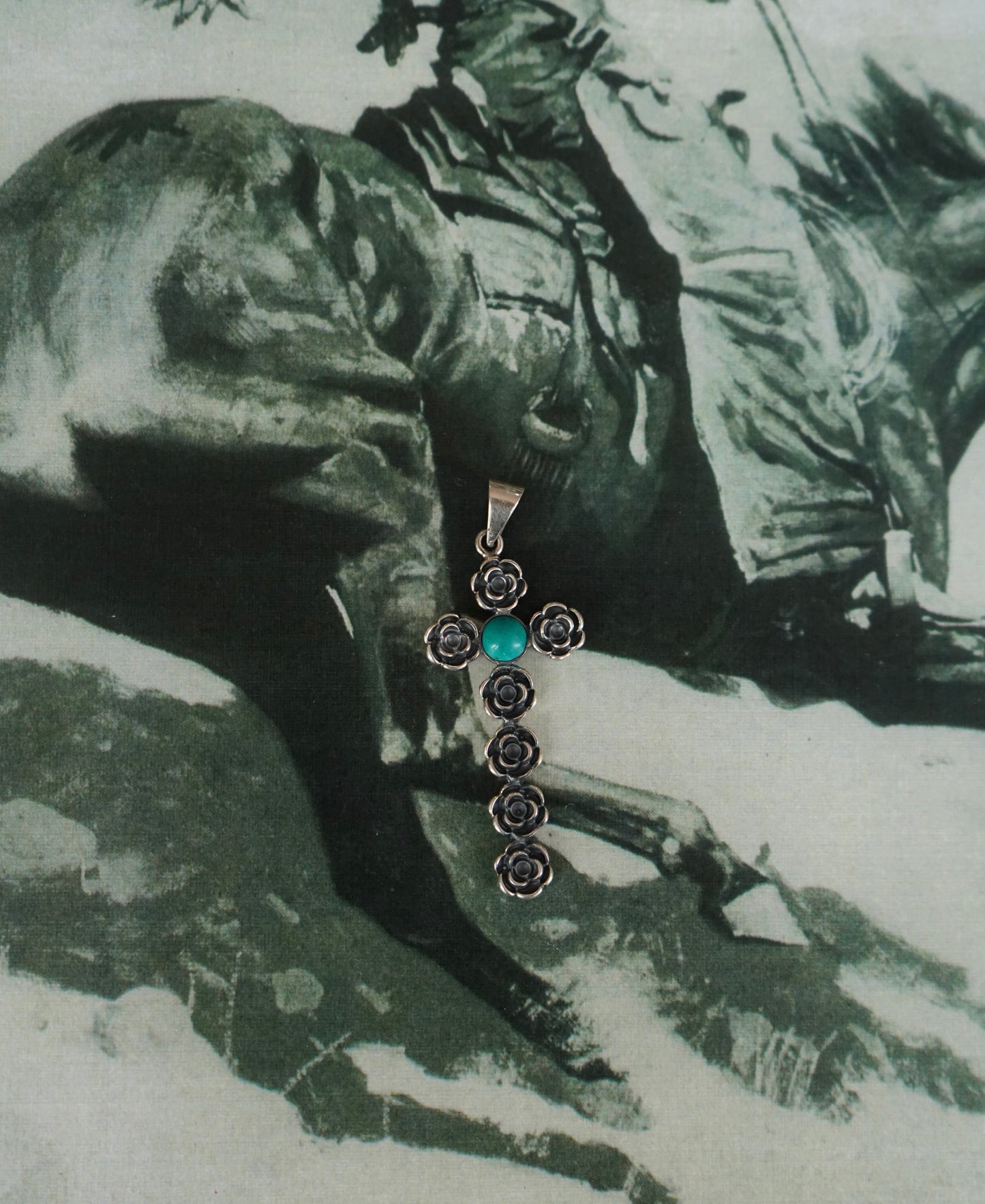 Silver Roses & Turquoise Cross Pendant