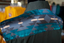 Load image into Gallery viewer, XL - Charcoal Gray with Turquoise, Black, &amp; Cream Large Aztec on Olive Cotton Button Down