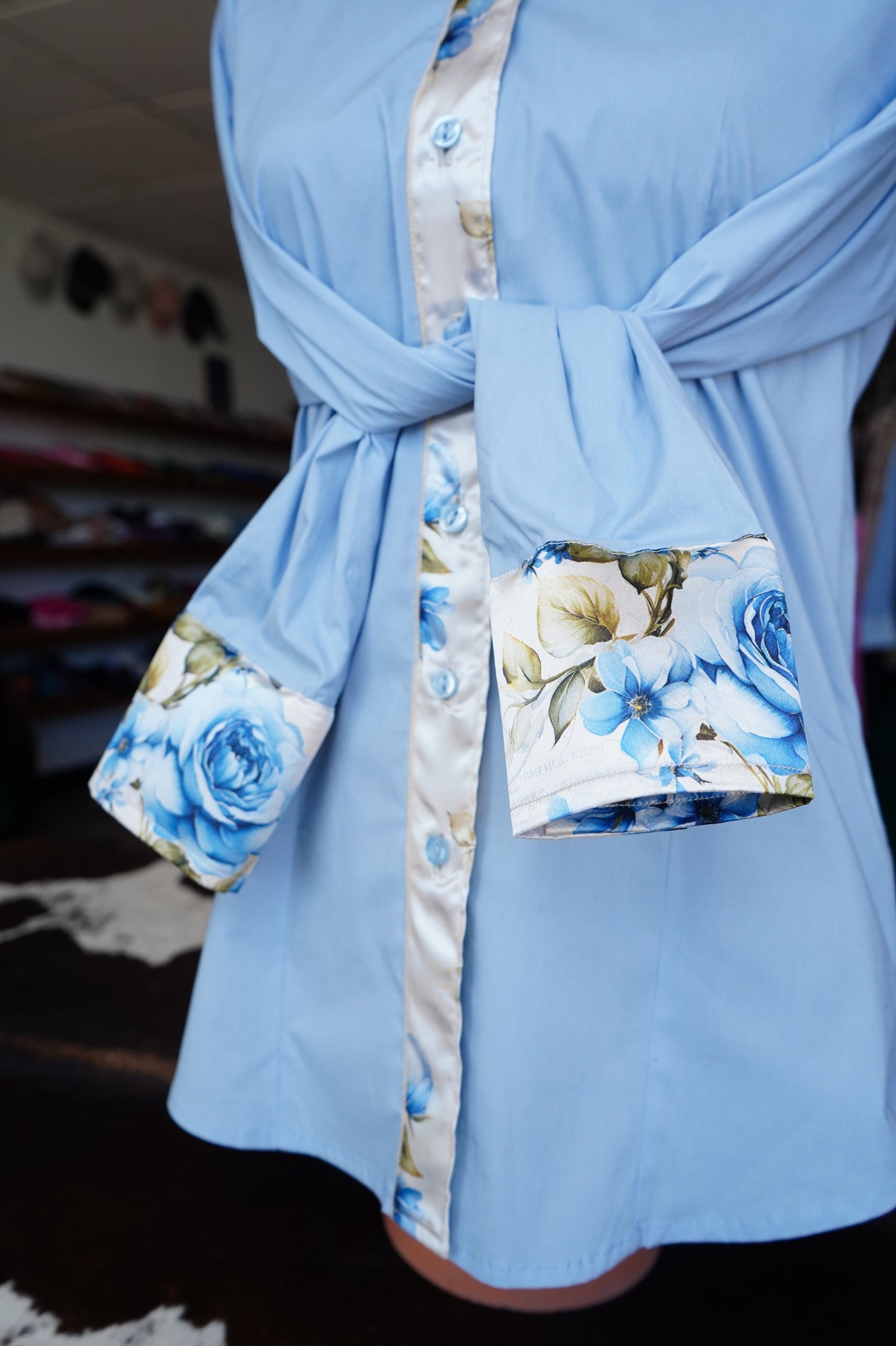 L - Blue Journal Roses on Baby Blue Cotton Button Down