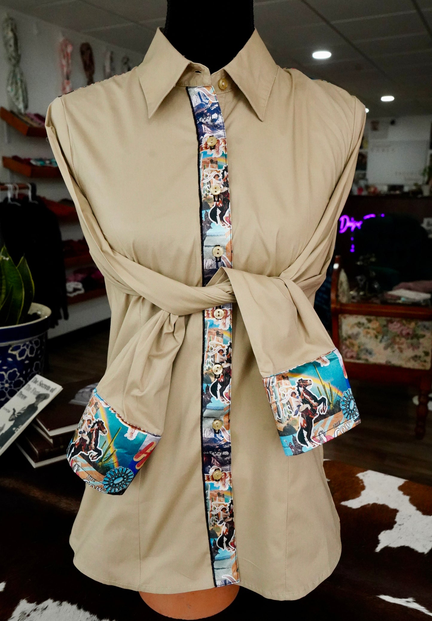 XL - Calamity Jane on Tan Cotton Button Down