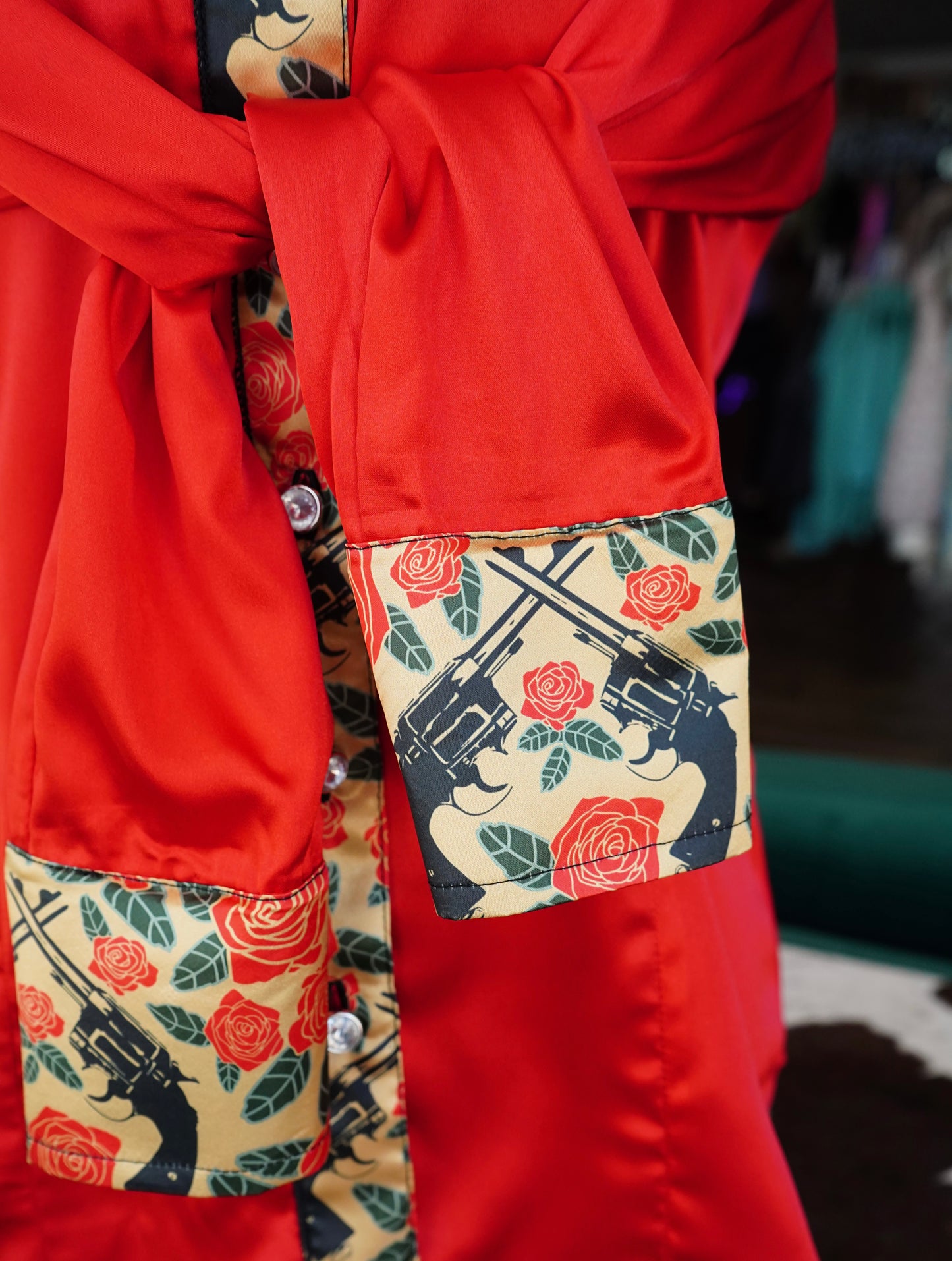 L - Pistols & Roses on Red Satin Button Down