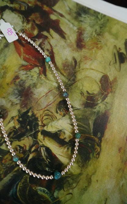 Shiny Sterling Silver Pearls w/ Turquoise Beads Necklace - 16”
