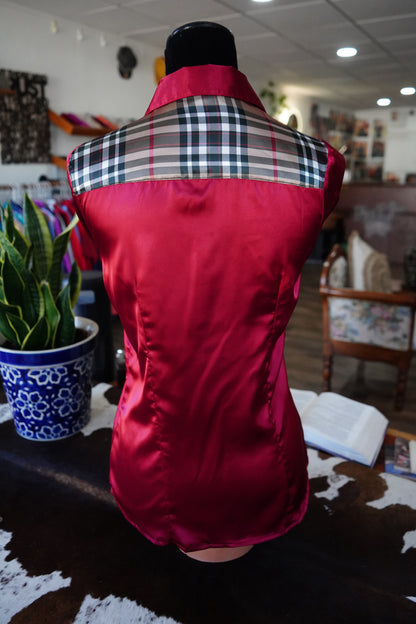 M - Tan & Black Plaid on Red Satin Button Down