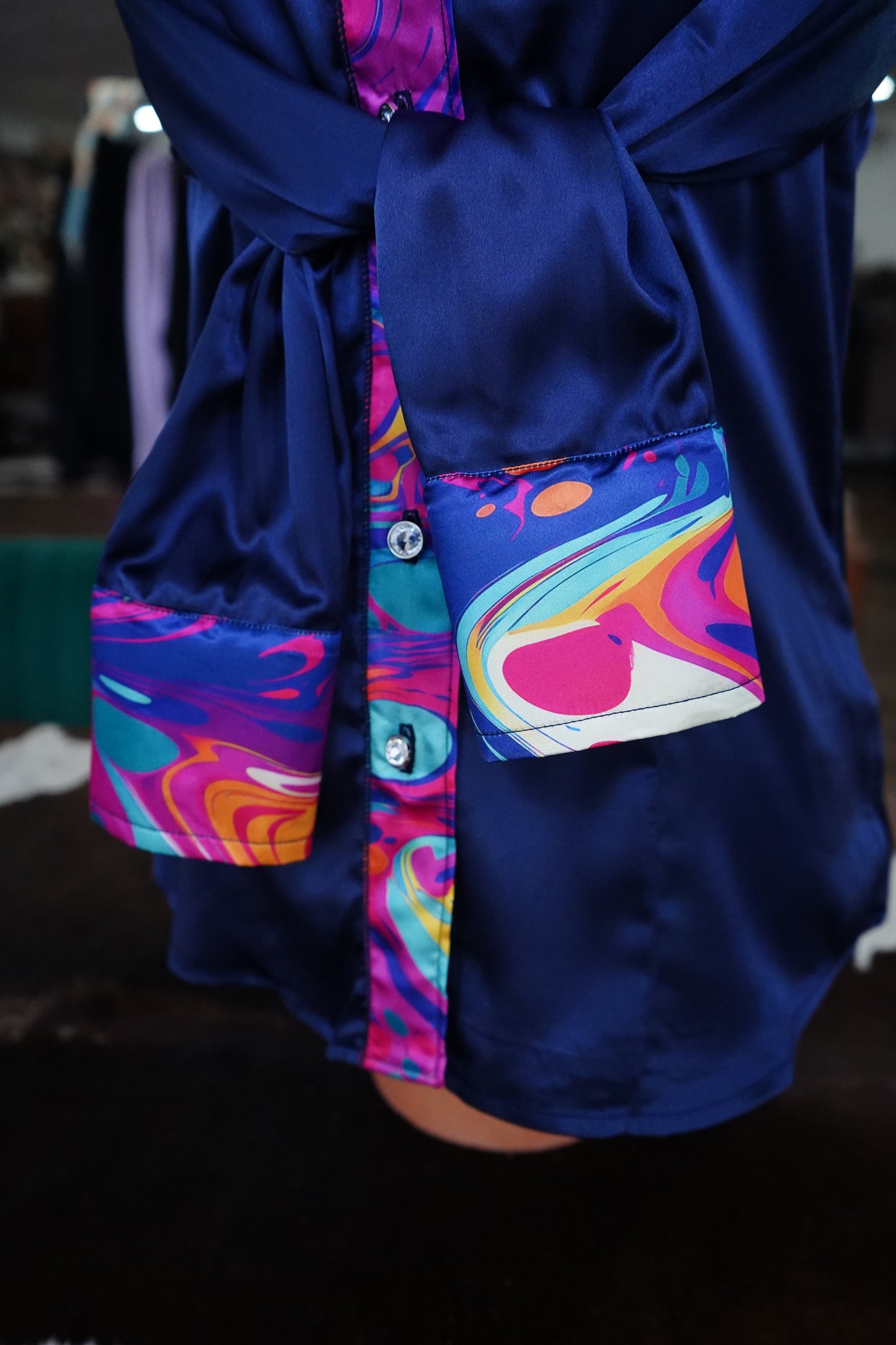 S - Navy & Pink Swirl on Navy Satin Button Down