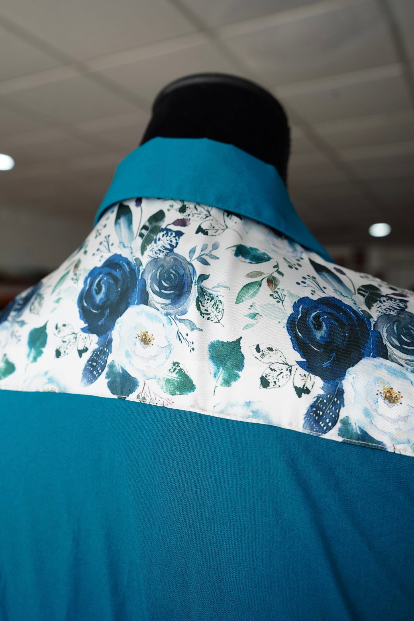 S - Navy Feather Floral on Teal Cotton Button Down