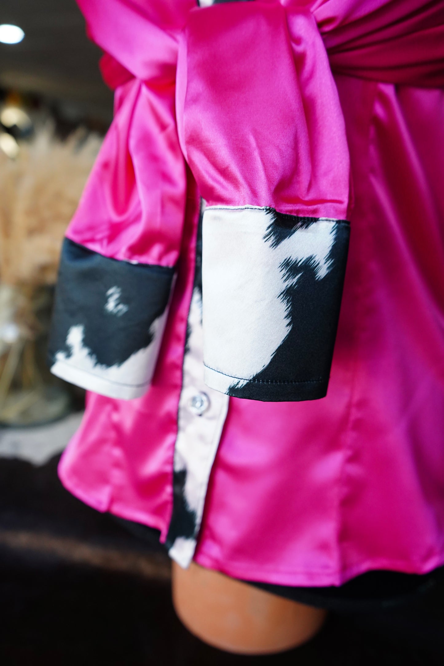 S - B/W Cow Print on Pink Satin Button Down