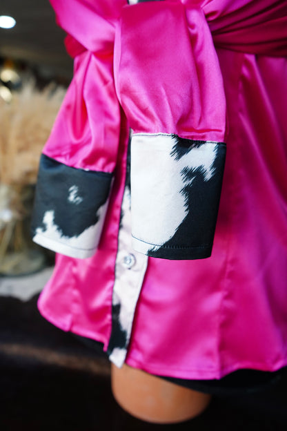 S - B/W Cow Print on Pink Satin Button Down