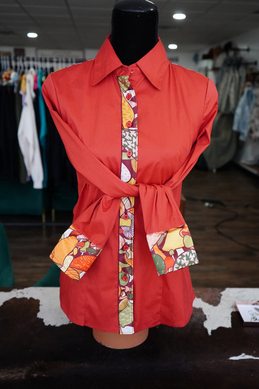 M - 70s Trippy Hippy on Rust Red Cotton Button Down