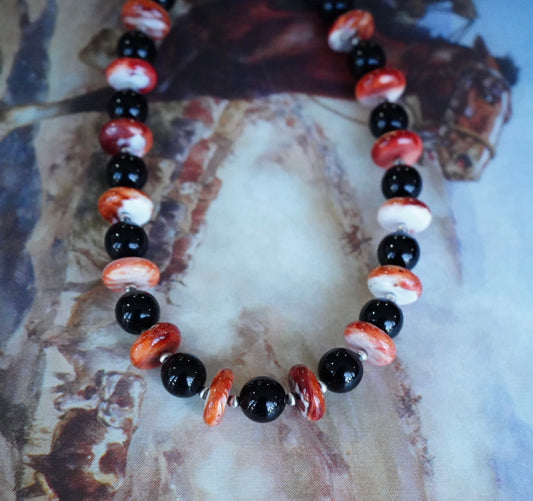 Chunky Orange Spiny & Black Onyx Necklace - 18”