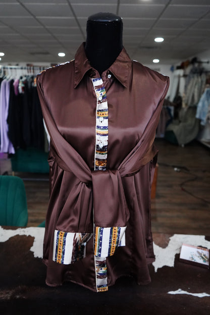2XL - Native Stripe on Brown Satin Button Down