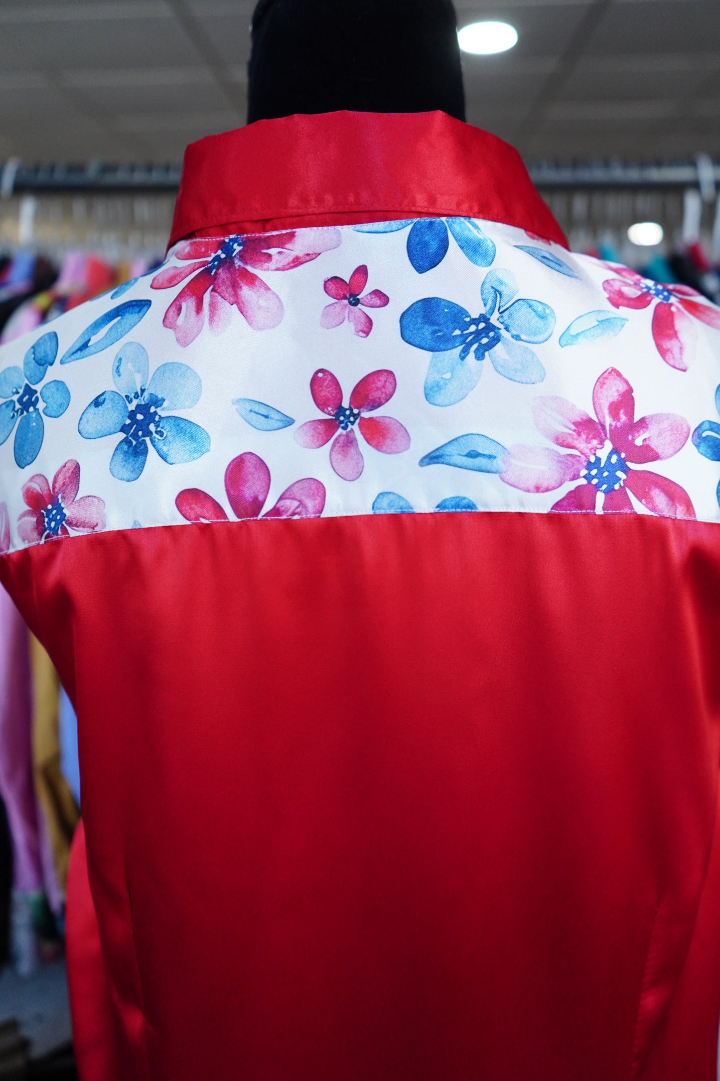 2XL - Patriotic Flowers on Red Satin Button Down