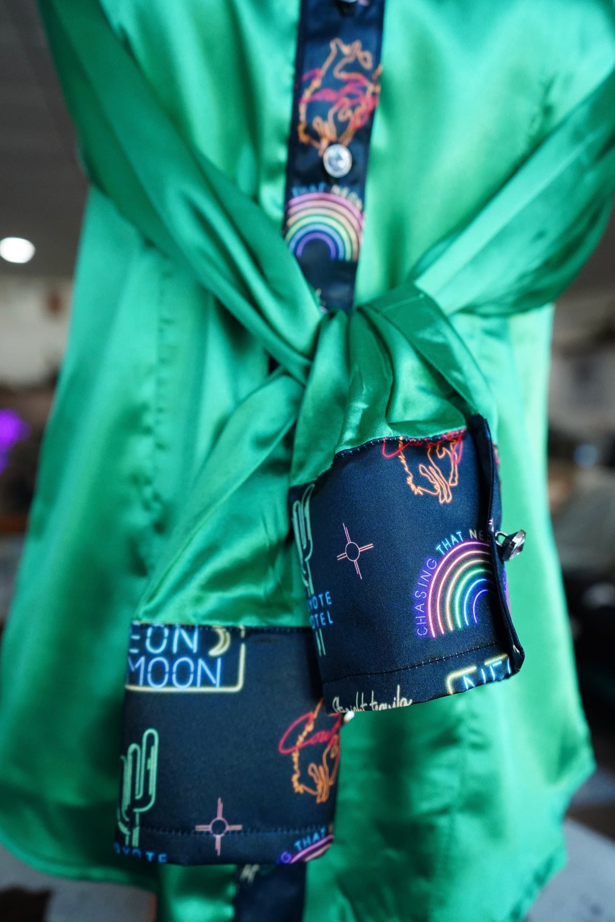 M - Neon Moon on Kelly Green Satin Button Down
