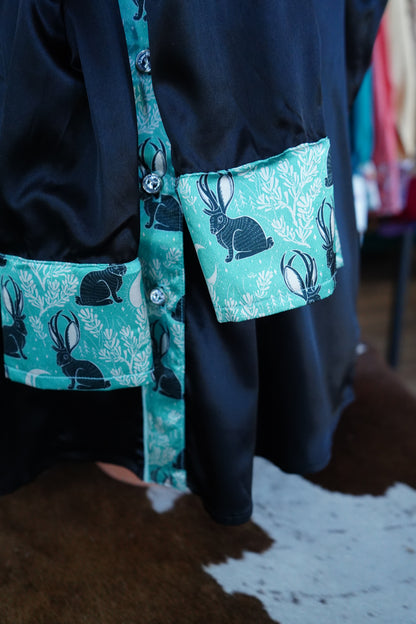 2XL - Mystic Jackelopes on Black Satin Button Down