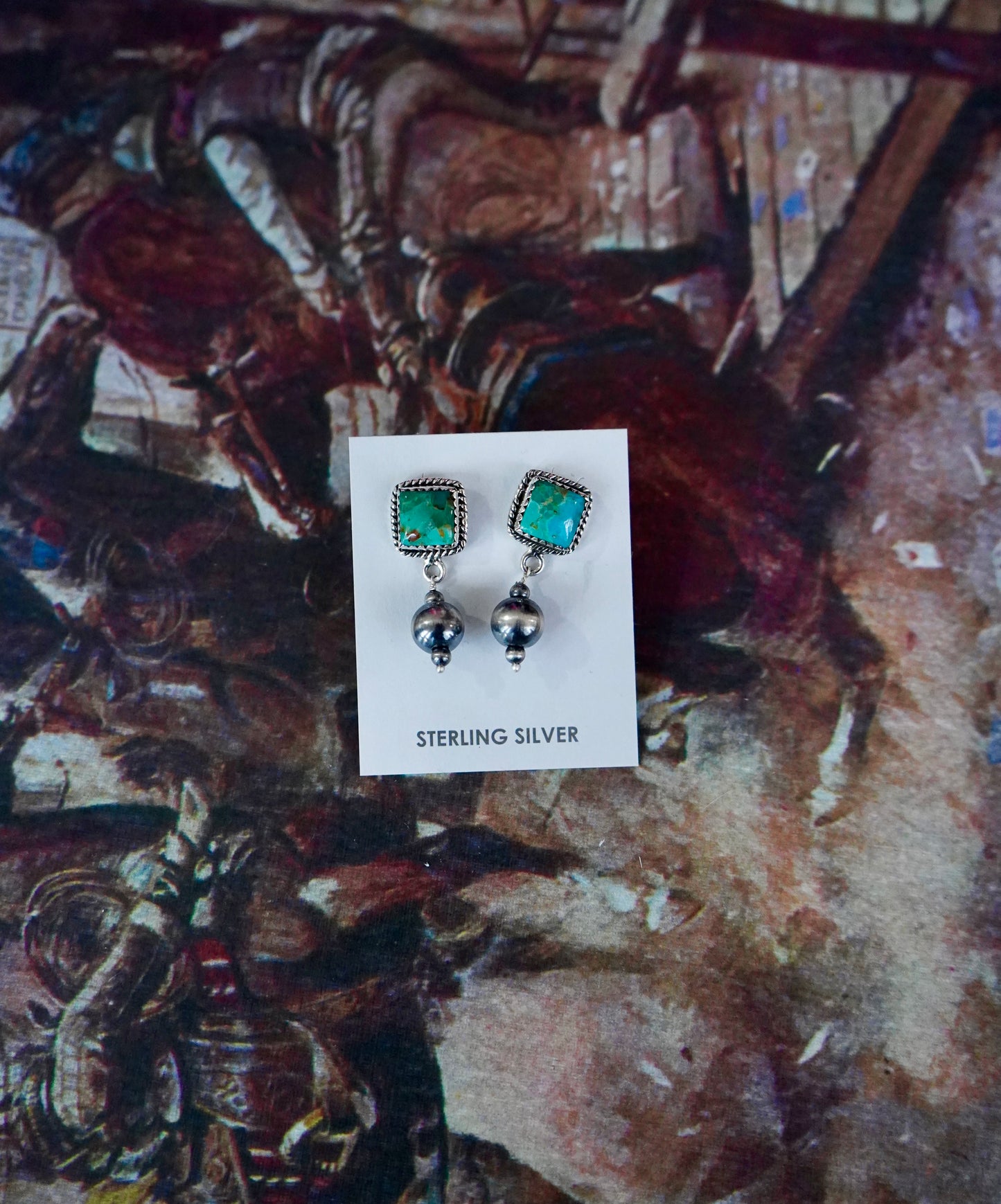 Turquoise Squares w/ Dangly Pearls Stud Earrings