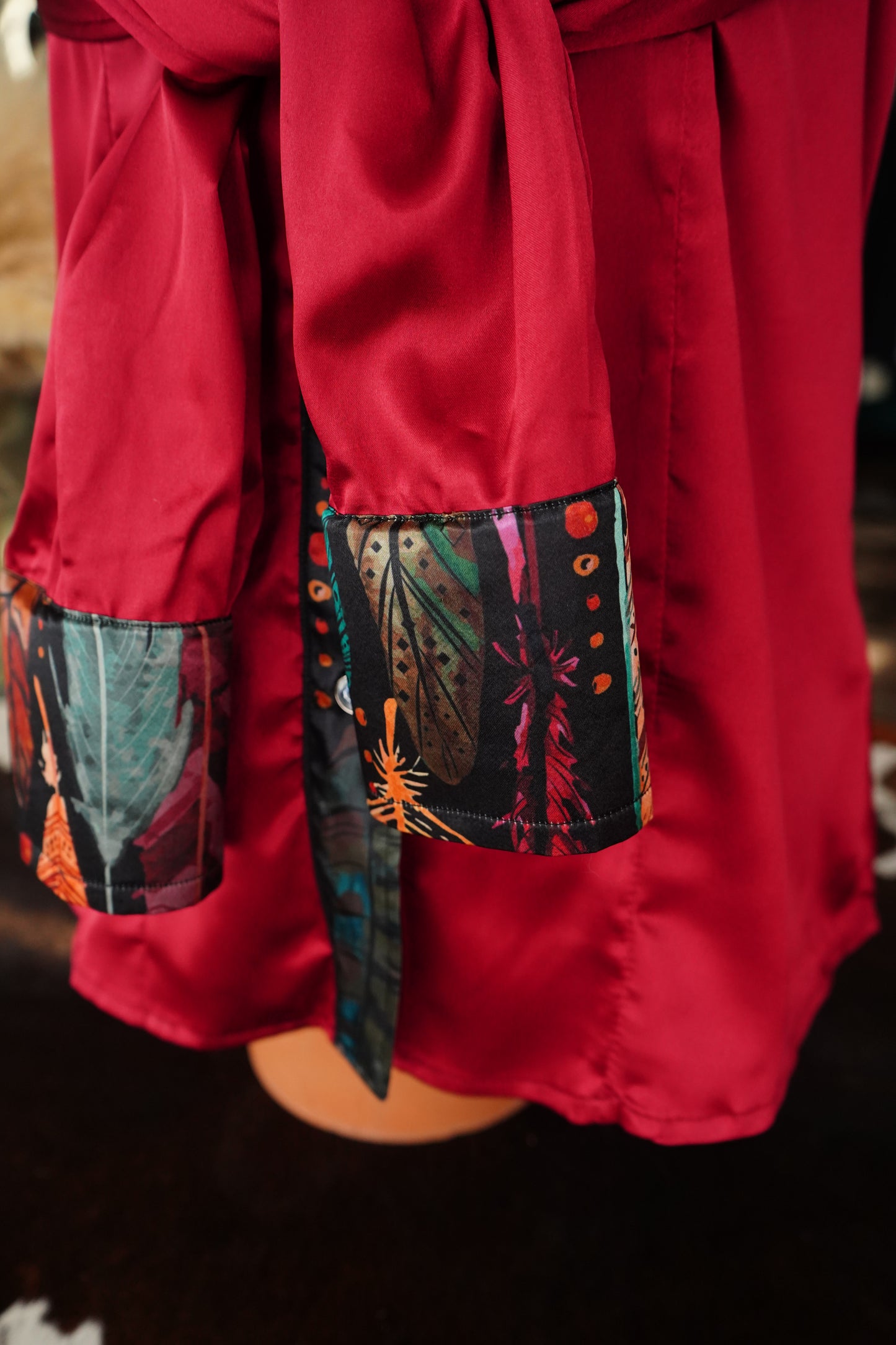 M - Multi Color Feathers on Burgundy Satin Button Down