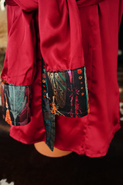M - Multi Color Feathers on Burgundy Satin Button Down