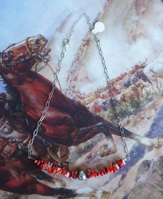 Orange Spiny Chips w/ Sterling Silver Pearl Necklace