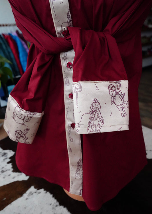 XL - Cowboy Sketches on Maroon Cotton Button Down