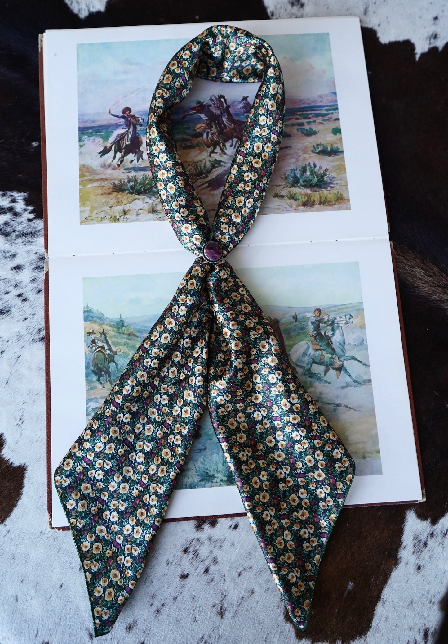 Tiny Mustard Roses on Forest Green Wild Rag