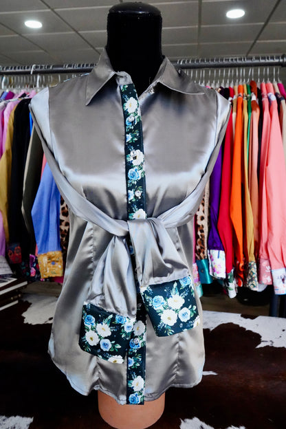S - Black w/ Blue & White Roses on Silver Satin Button Down