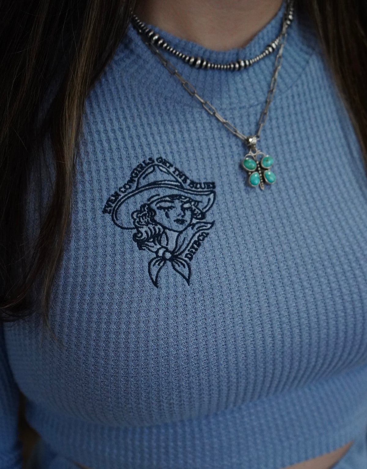 Cowgirls Cry & Daisy Script Blue Waffle Knit Set