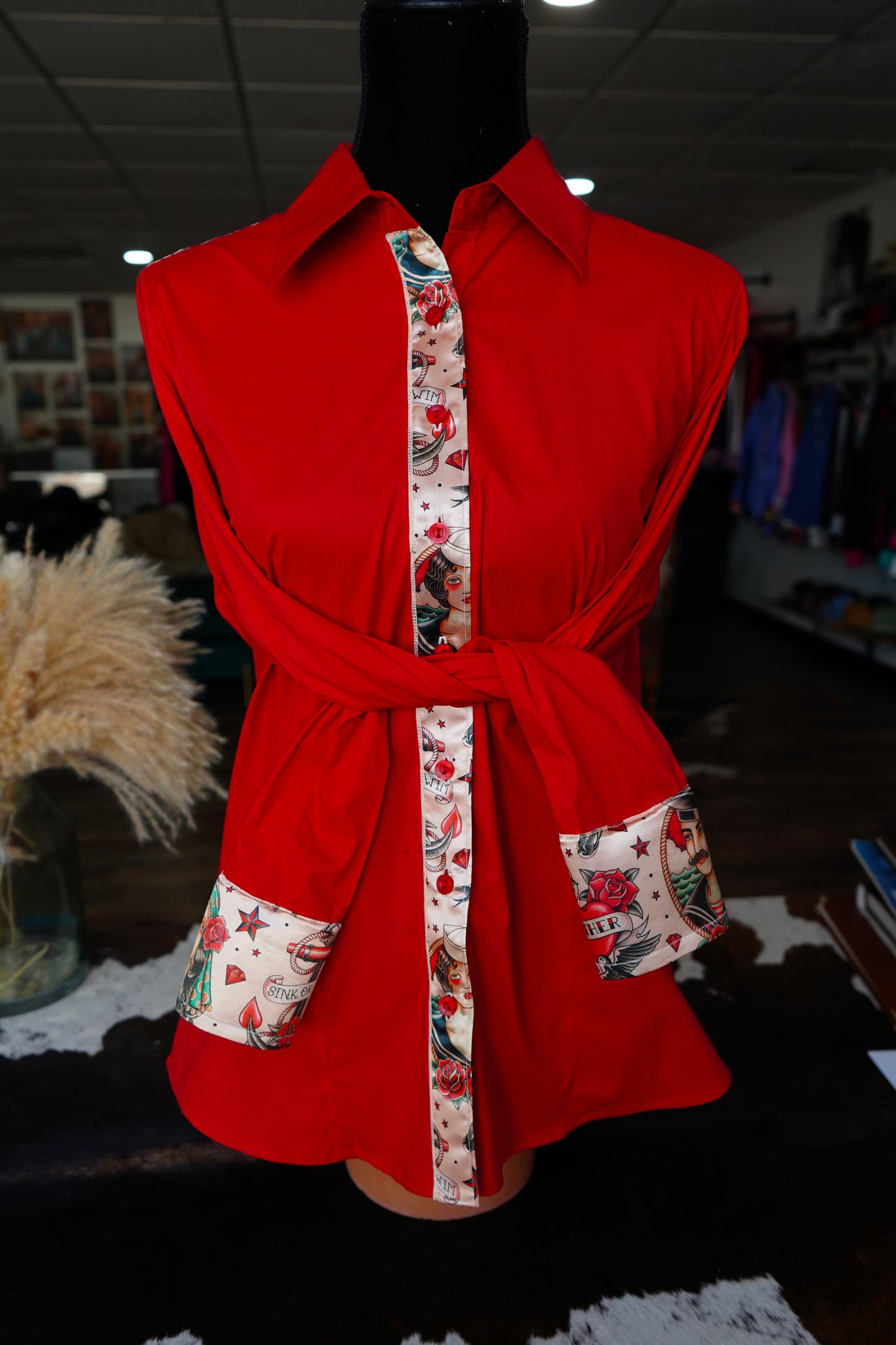 XL - American Traditional Tattoo on Red Cotton Button Down