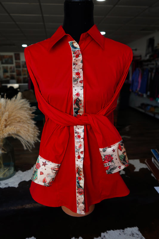 XL - American Traditional Tattoo on Red Cotton Button Down