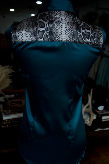 S - Snakeskin on Teal Satin Button Down