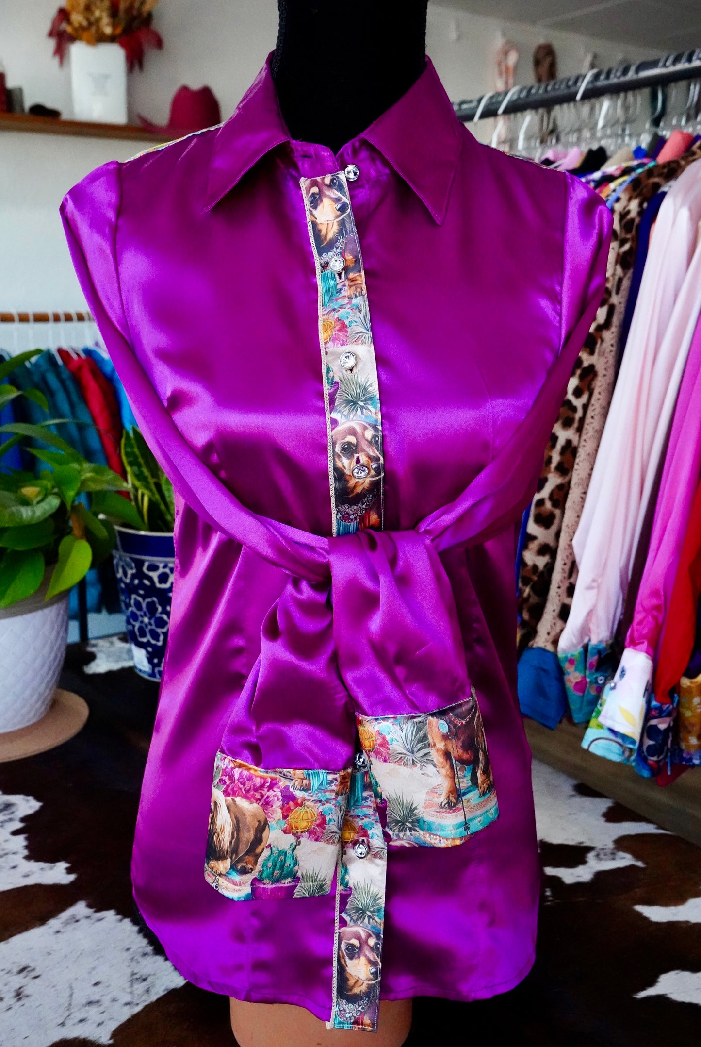 S - Turquoise Dripped Doxies on Magenta Satin Button Down