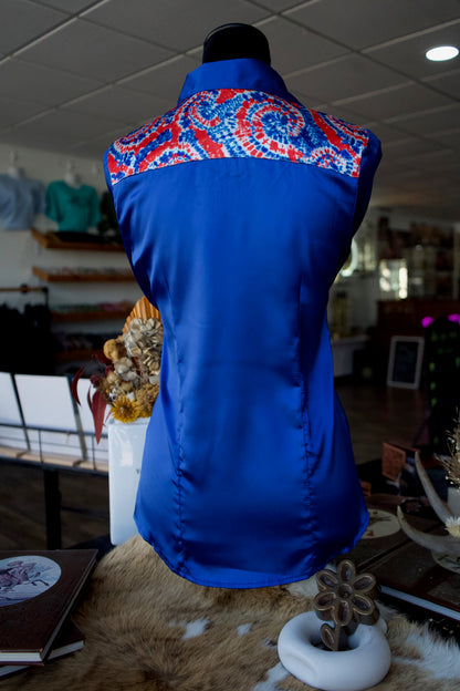 2XL - Royal Blue Satin w/ Patriotic Tie Dye Button Down