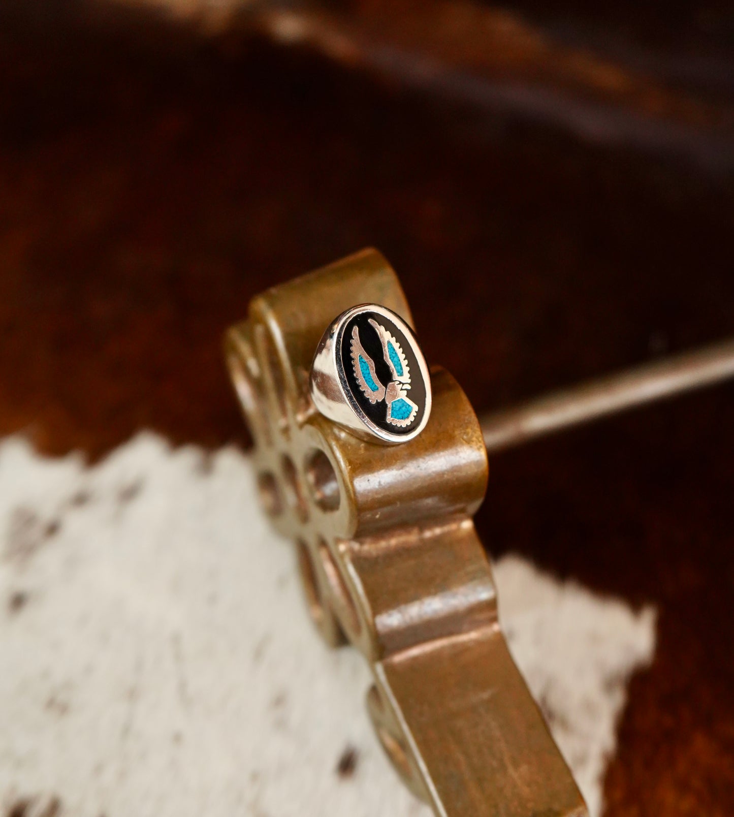 Vintage Turquoise Inlay Eagle Ring - Sz 8