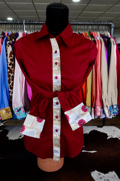 S - Postcard Scriptures on Maroon Cotton Button Down