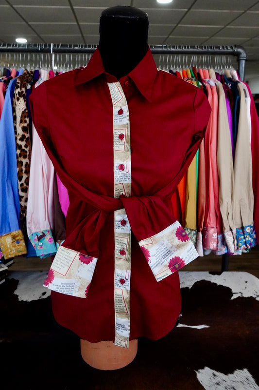 S - Postcard Scriptures on Maroon Cotton Button Down