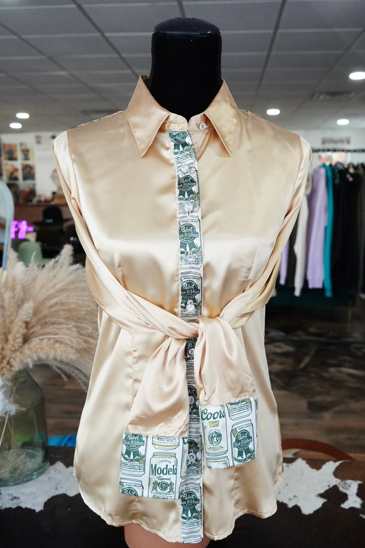 M - Beer Me on Gold Satin Button Down